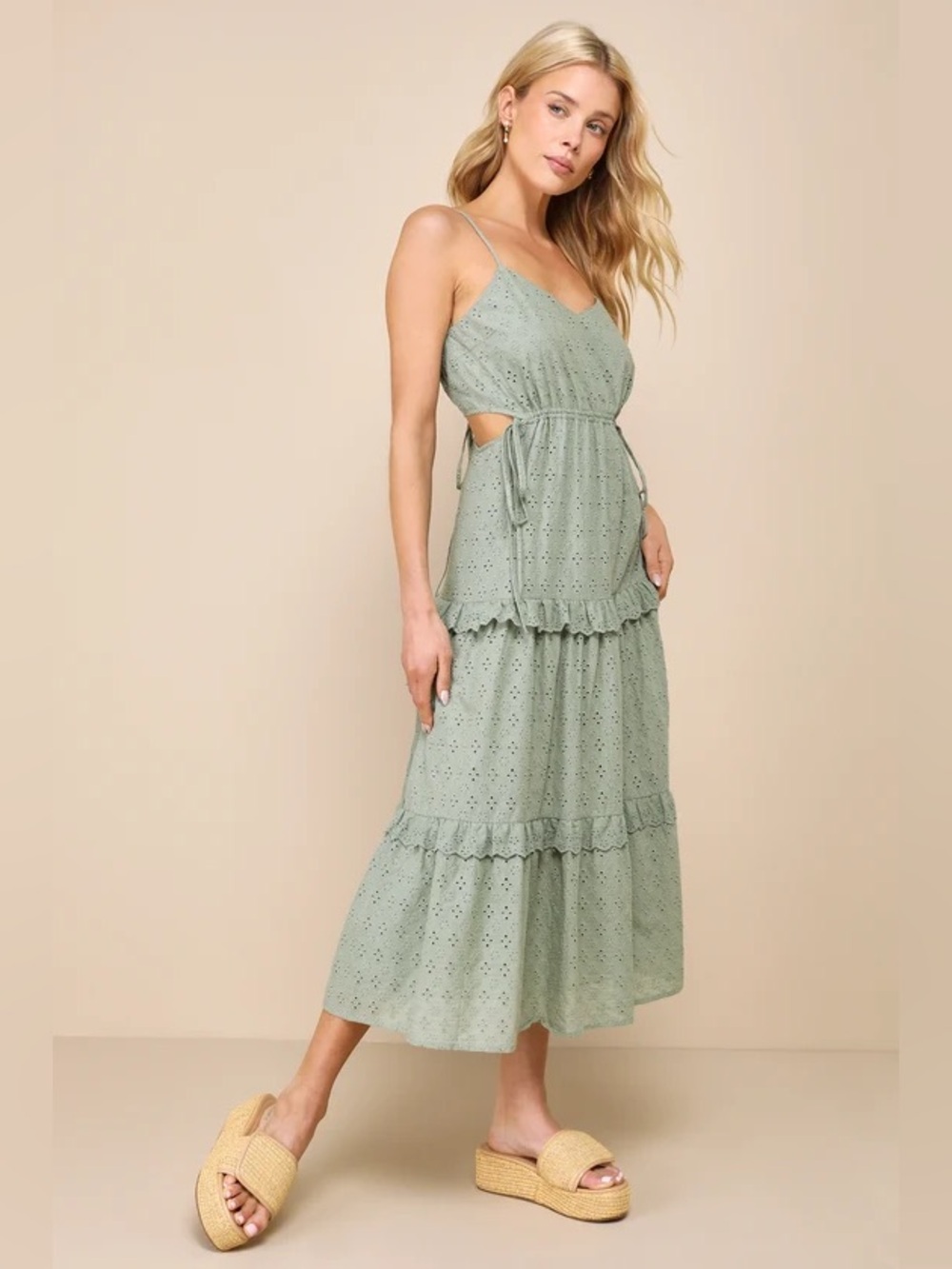 Lulu’s Summertime Babe Sage Green Eyelet Embroidered Cutout Midi Dress Small